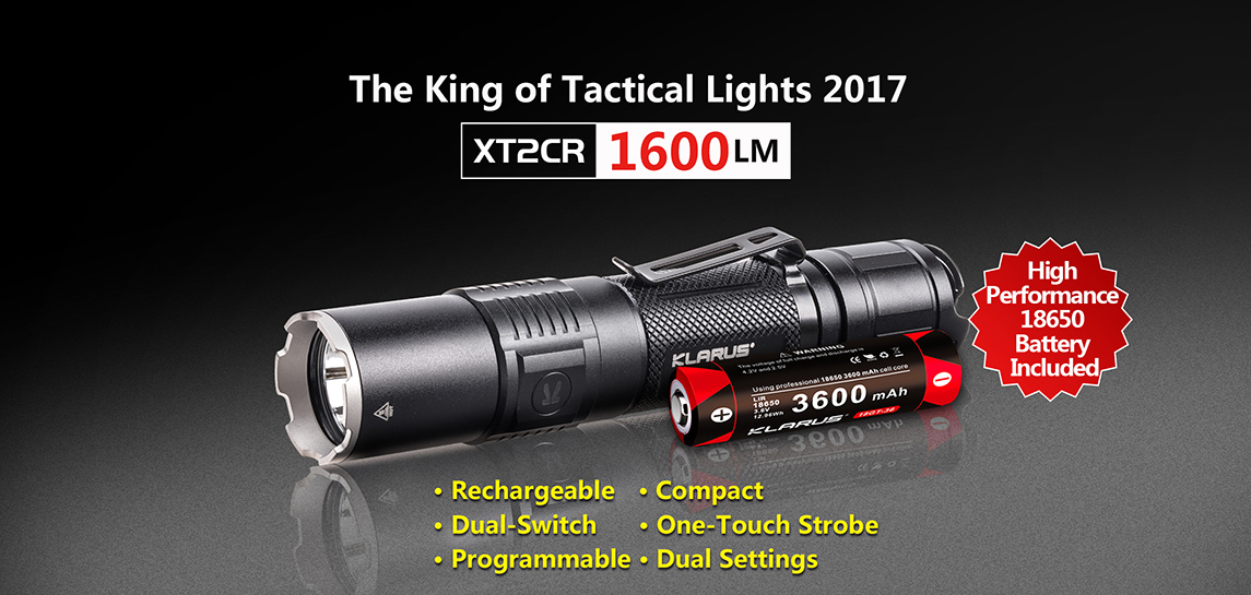 Dual Tail Switches with 3600mAh Battery and Holster for Military IPX8 Waterproof Outdoor klarus XT2CR 1600 Lumens USB Rechargeable Tactical Flashlight Camping and Emergency Use 
